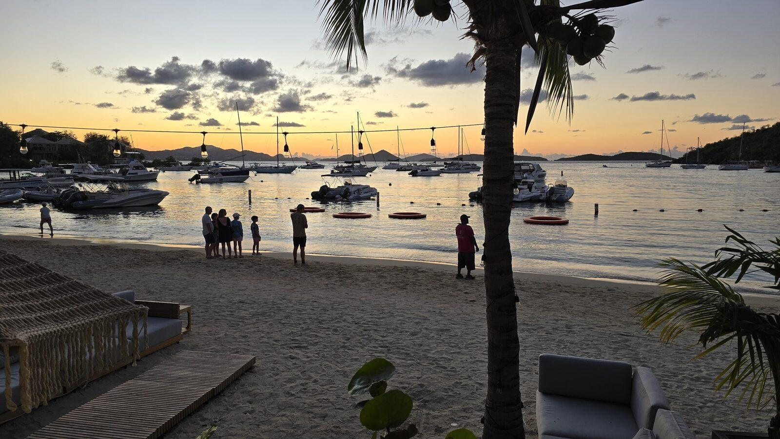 Golden hour at a Cruz Bay beach bar and harbor, St. John USVI